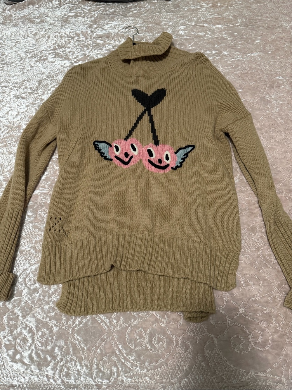 Zadig & Voltaire Tan Knit Turtleneck Sweater with Pink Cherry Motif